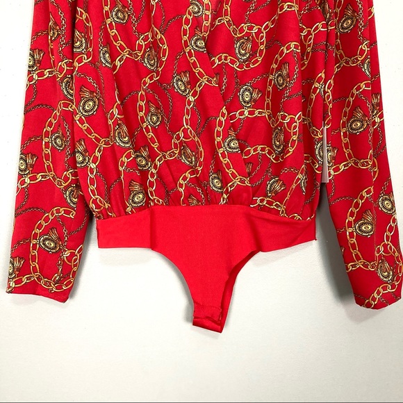 ASTR Chain Reaction Bodysuit Women’s Size M Surplice Wrap Front Long Sleeves - Picture 6 of 12